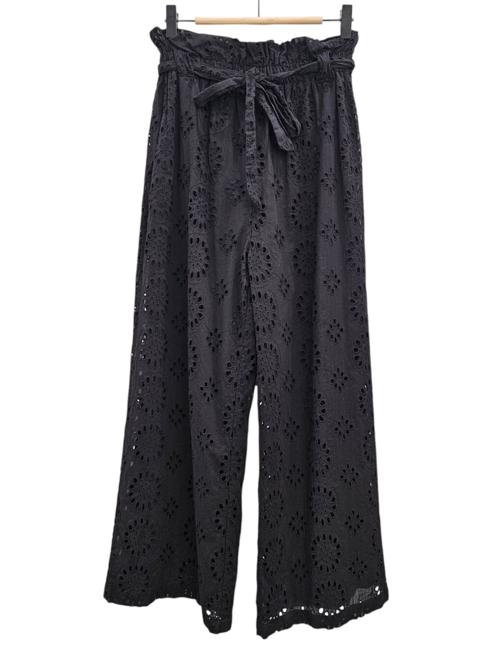 EVA FRANCO Black Eyelet Paperbag Tie High Waisted Cropped Wide Leg Pants XS